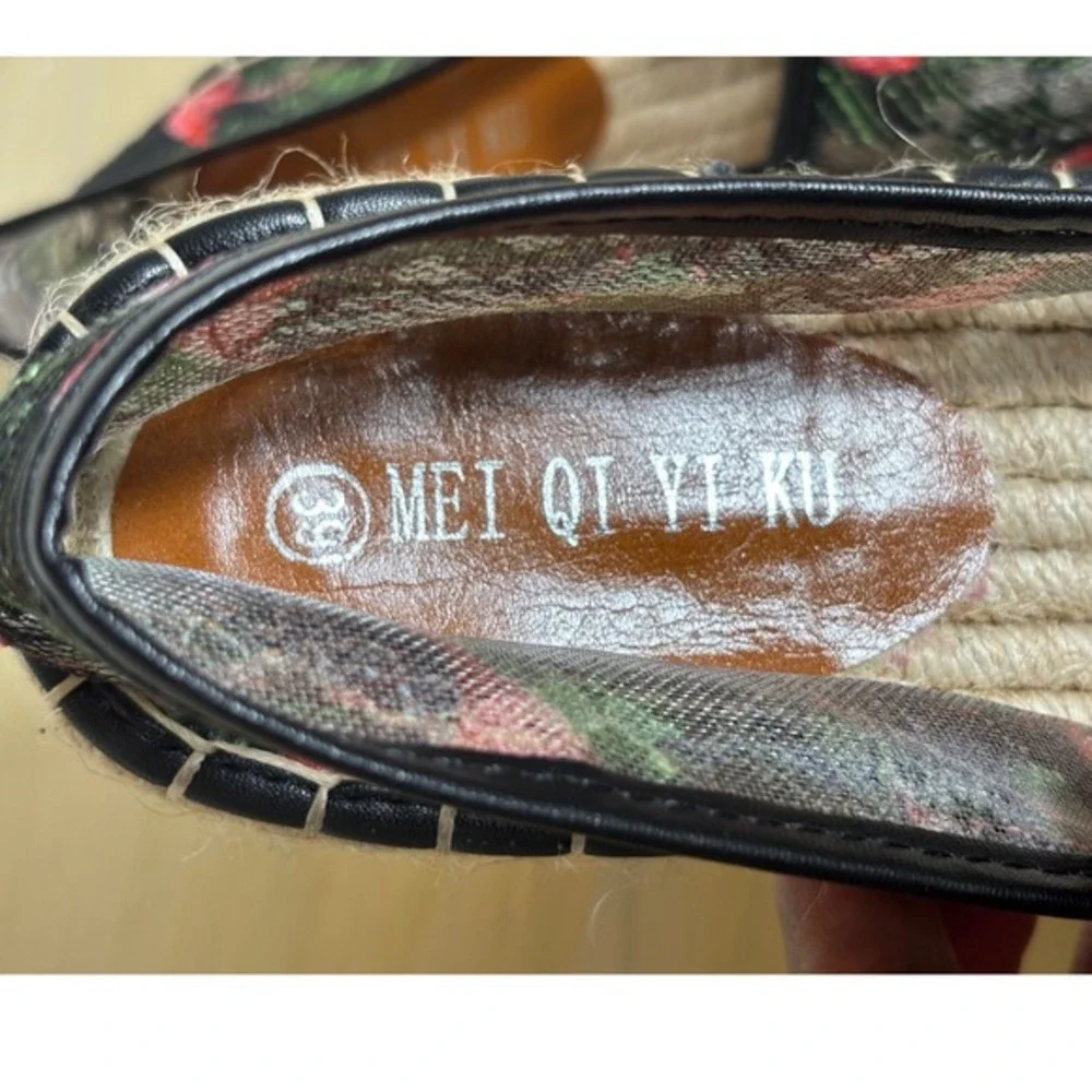 Mei Qi‎ Yi Ku Women Flamingo Tropical Lace Mesh Espadrille Flats Black Green 39